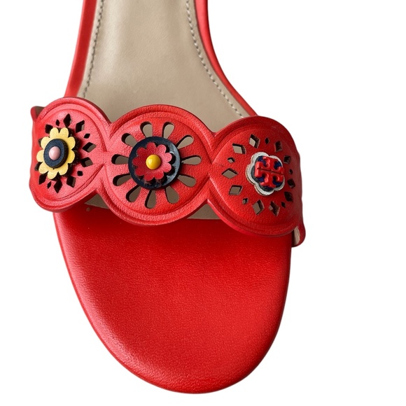 Tory Burch Marguerite Perforated Chunk Heel Sandal Size 7M Orange Floral - Picture 7 of 9